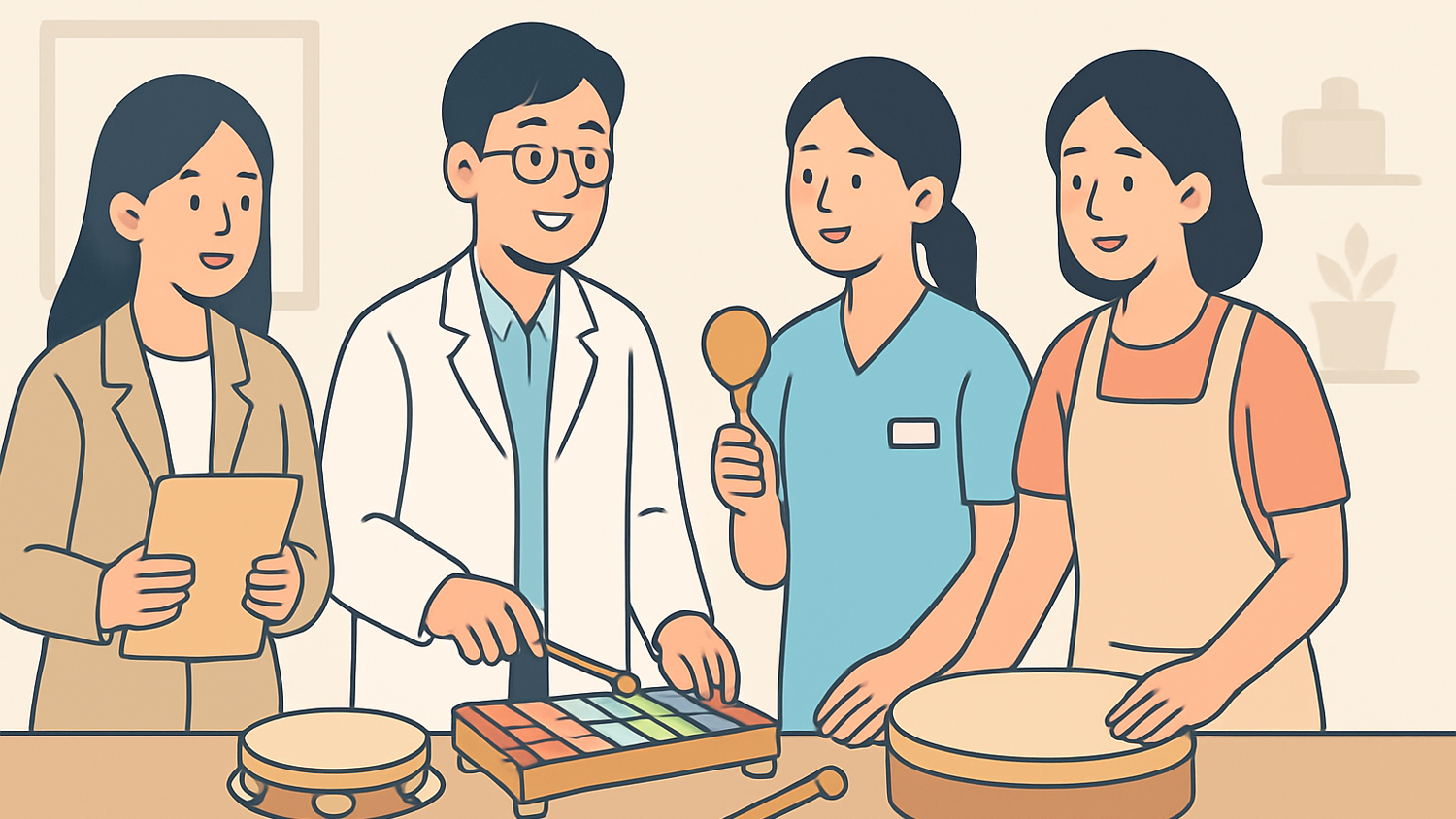 음악치료사가 기관 관계자와 협업하며 세션을 준비하는 이미지