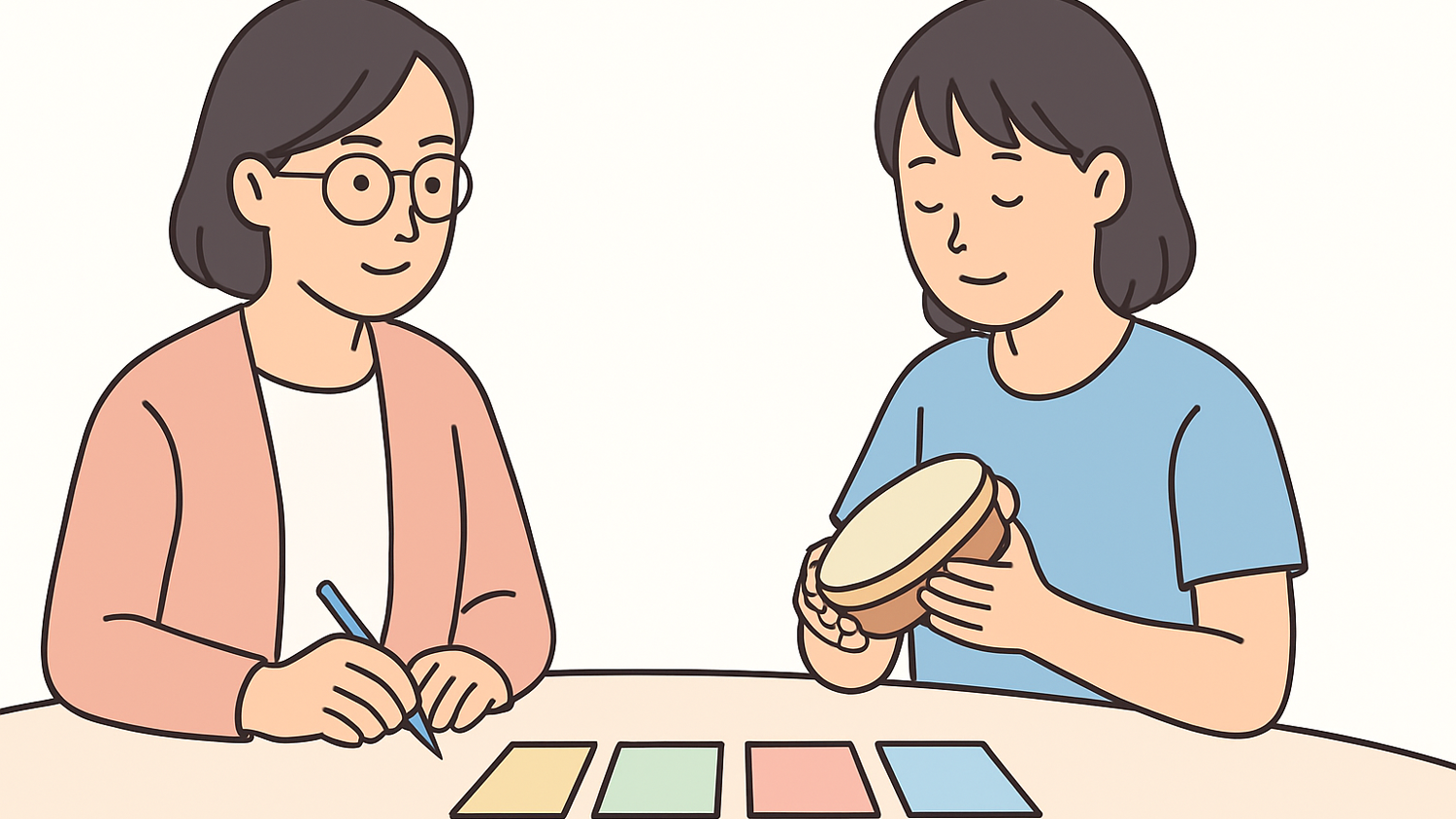 음악치료사가 참여자의 반응을 기록하고 다음 세션을 계획하는 이미지