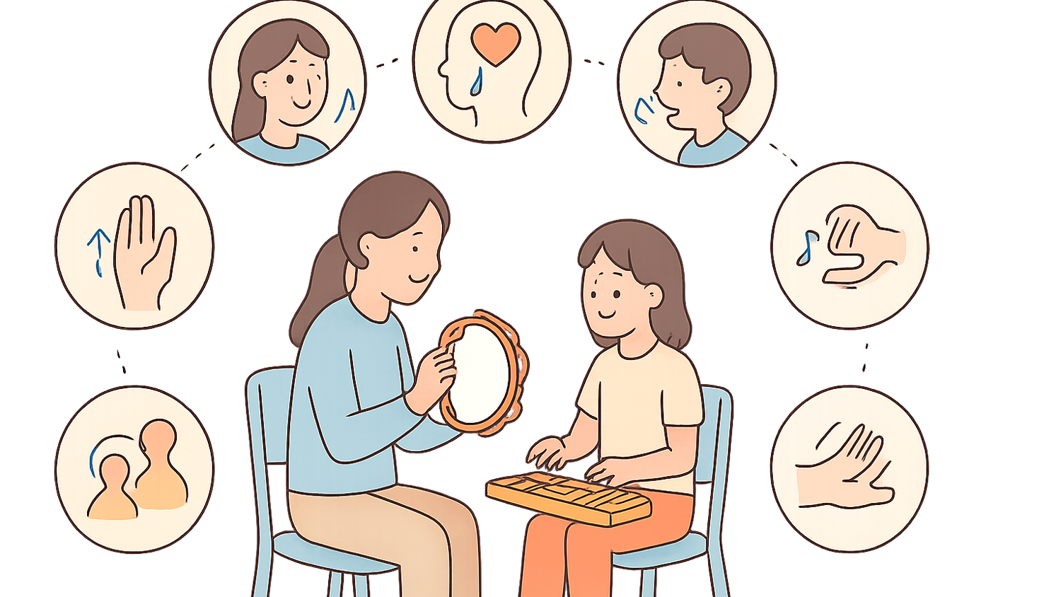 음악치료 원리의 여섯 연결고리를 보여주는 이미지