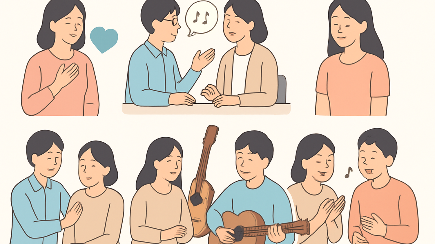 음악치료 목적 6가지 관점을 보여주는 개념 이미지