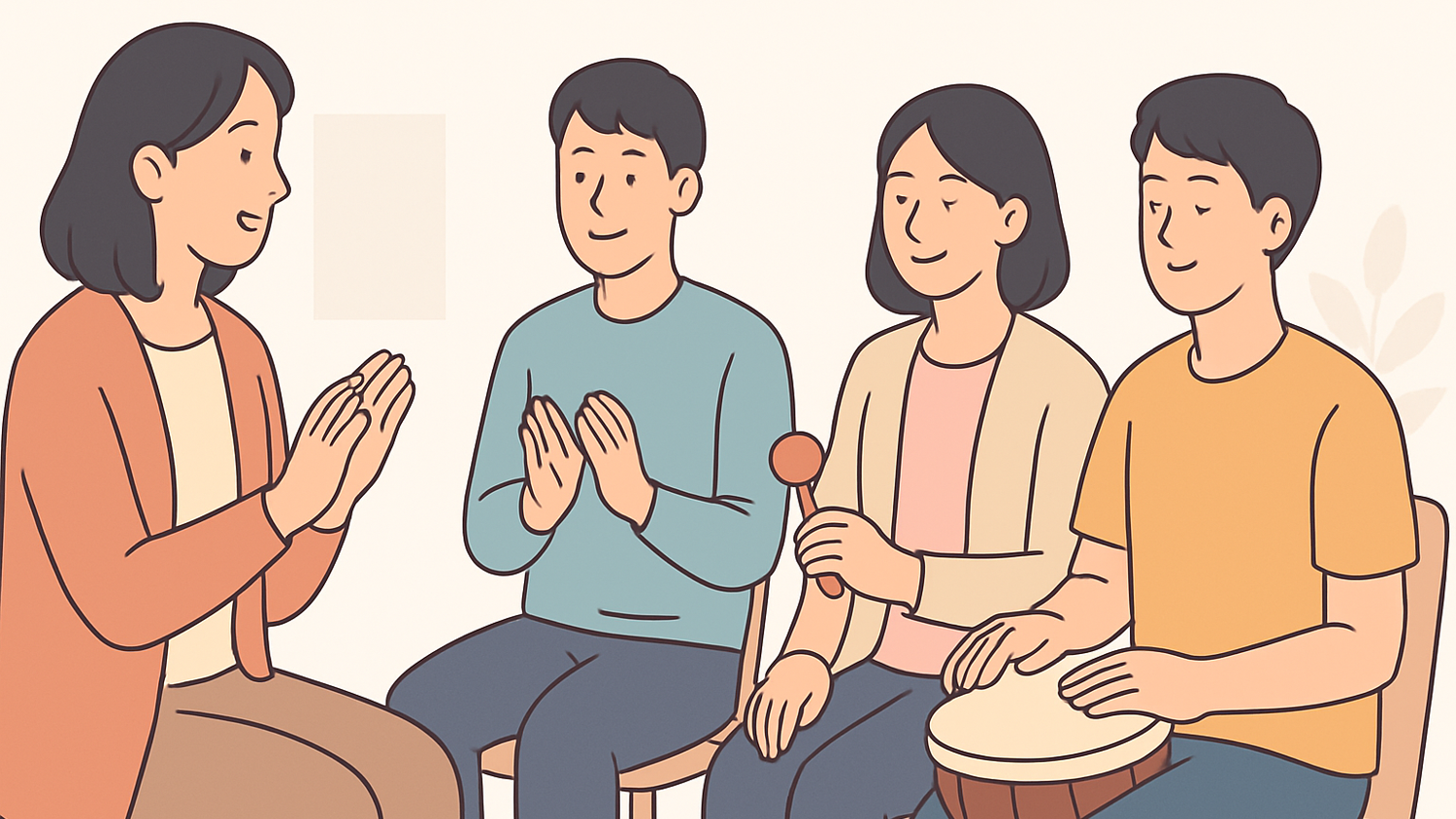 음악치료 세션에서 워밍업과 중심 활동이 이어지는 장면