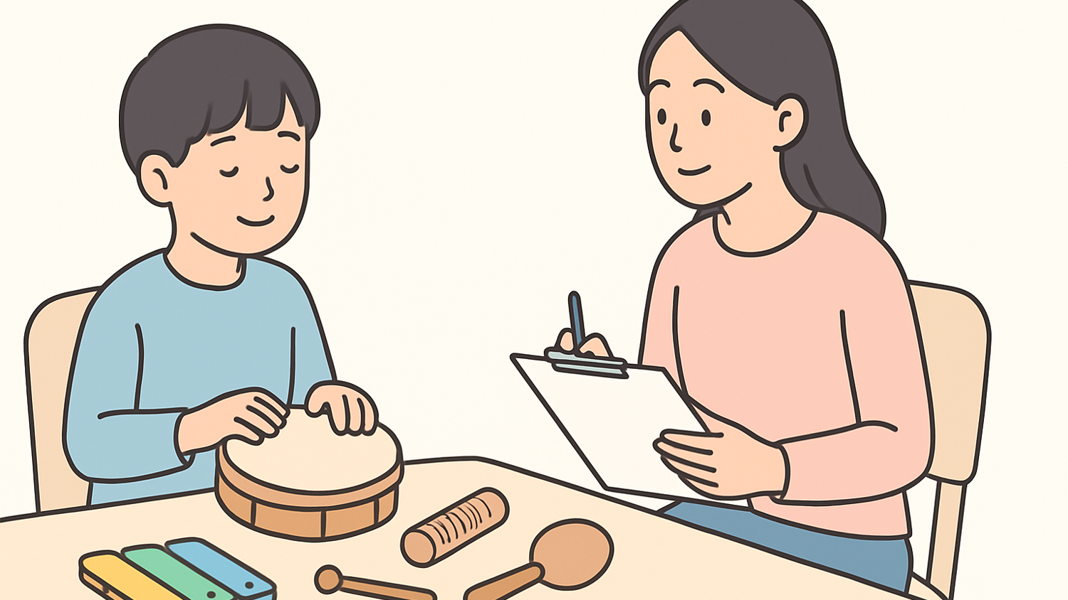 음악치료사가 참여자 반응에 맞춰 중재를 조정하는 이미지