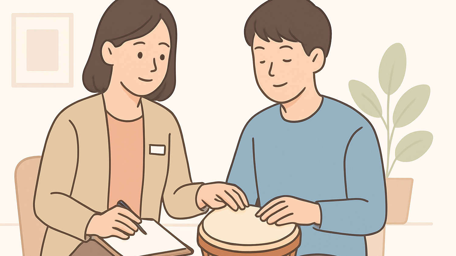 음악치료사가 참여자의 반응을 관찰하며 활동을 조정하는 이미지